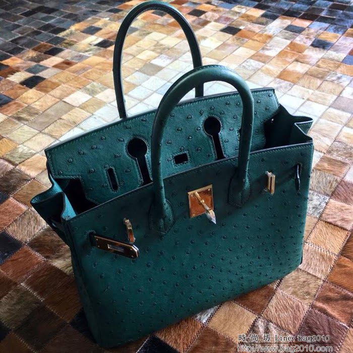 HERMES愛馬仕 鉑金包 Birkin 30 南非原產KK級鴕鳥皮 頂級工藝 叢林綠 手縫蠟線 手提包  Ama1236